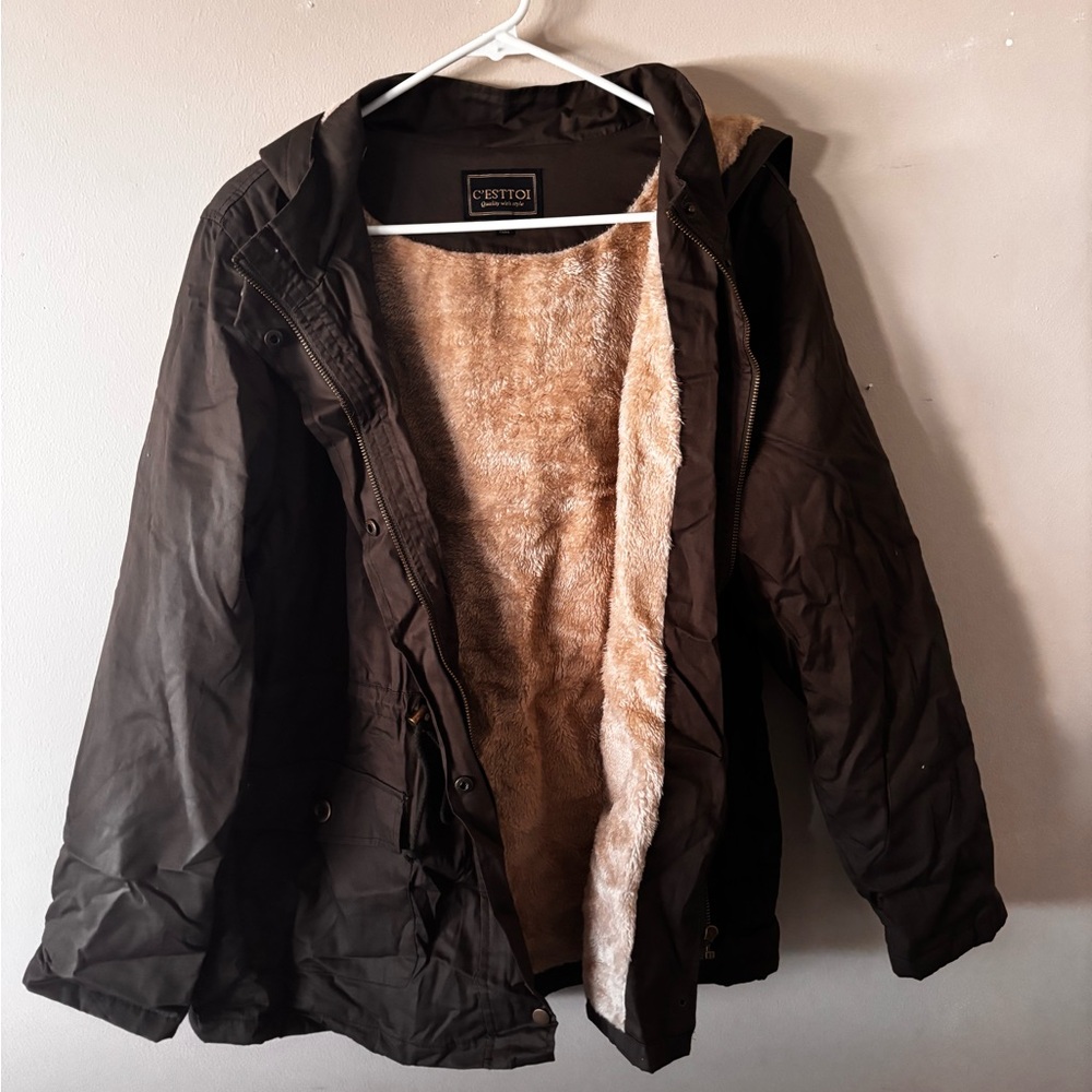 Brown Bomber Jacket with Faux Fur Lining